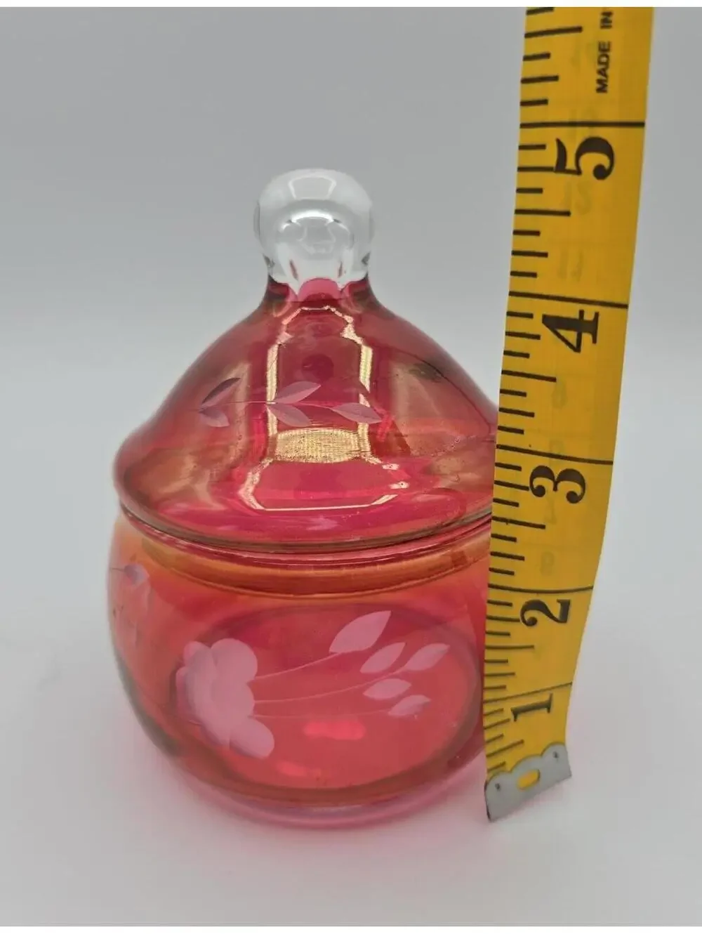 Vintage Cranberry Pink Art Glass Covered Trinket Jar Etched Floral Candy Dish
